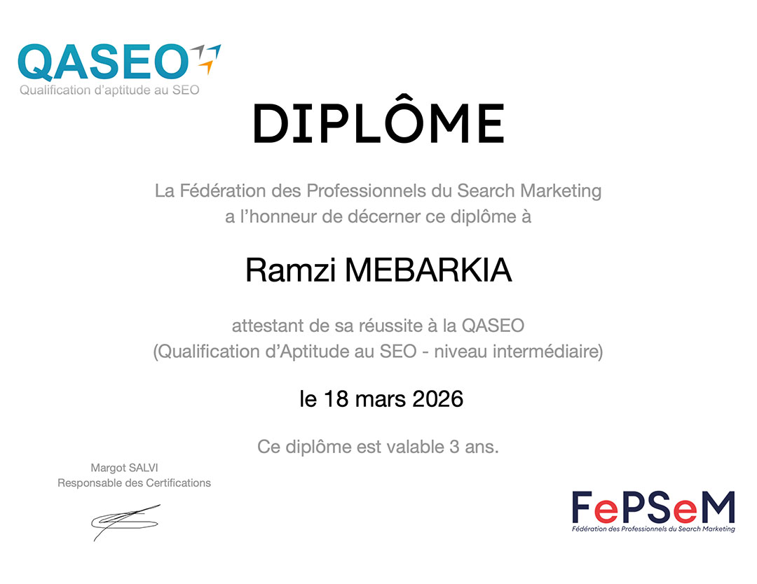 Diplôme de certification QASEO délivré à Ramzi Mebarkia par la FePSeM en mars 2026