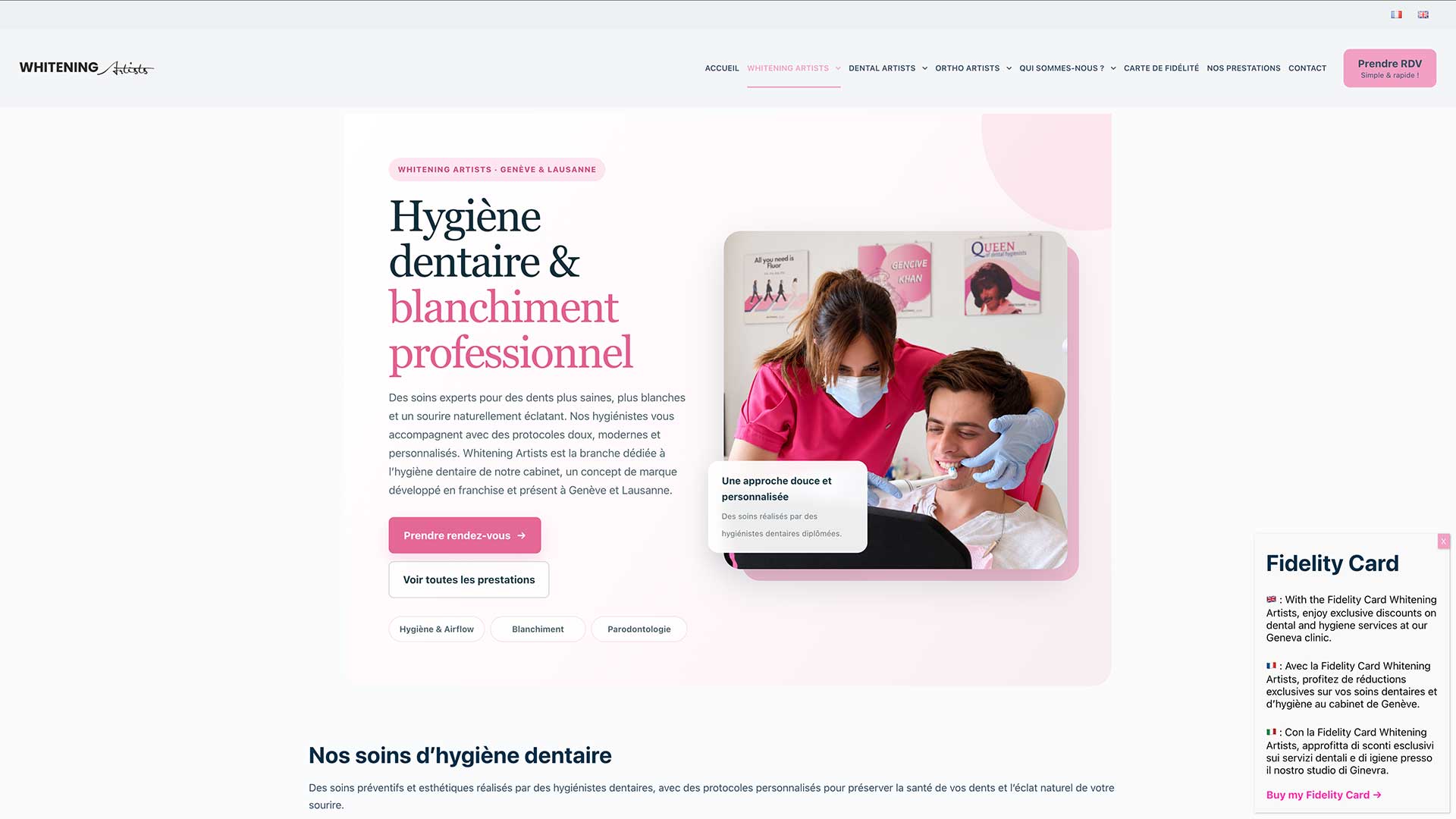 Site Whitening Artists, Lausanne et Genève, refait par Ramzi (ARKYA) : page d'accueil